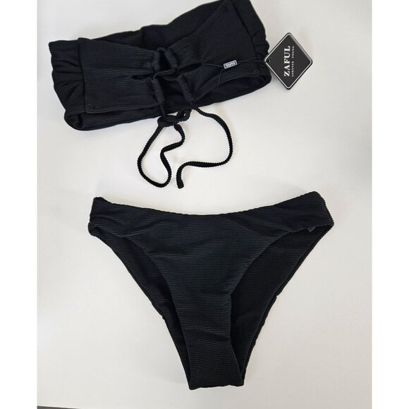 Womens M Black Ribbed Two-Piece Strapless Bikini Set Drawstring Bandeau Top Sexy - Picture 3 of 10